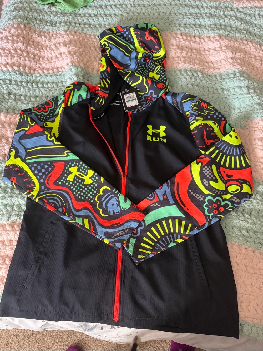Under Armour Black Hooded Run Jacket with Neon Yellow & Multicolor Print